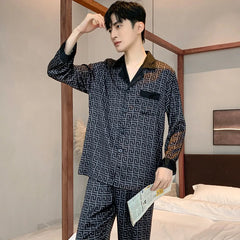 Pajamas Men Spring Summer Thin Ice Silk Luxurious Loose Fitting Home Wear Suit Male Satin Pijamas Set Night Sleep-Suit Gentlemen
