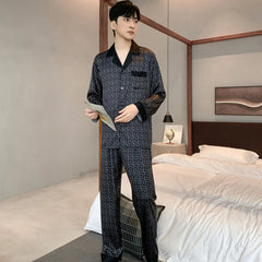 Pajamas Men Spring Summer Thin Ice Silk Luxurious Loose Fitting Home Wear Suit Male Satin Pijamas Set Night Sleep-Suit Gentlemen