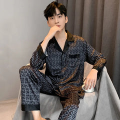 Pajamas Men Spring Summer Thin Ice Silk Luxurious Loose Fitting Home Wear Suit Male Satin Pijamas Set Night Sleep-Suit Gentlemen