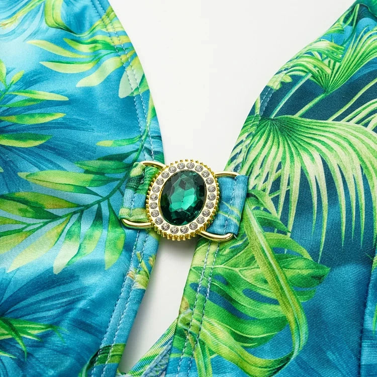 2025 Women Long-sleeved Jungle Green Print One Piece Swimsuit and Skirt Woman Swimwear Summer Bathing Suit