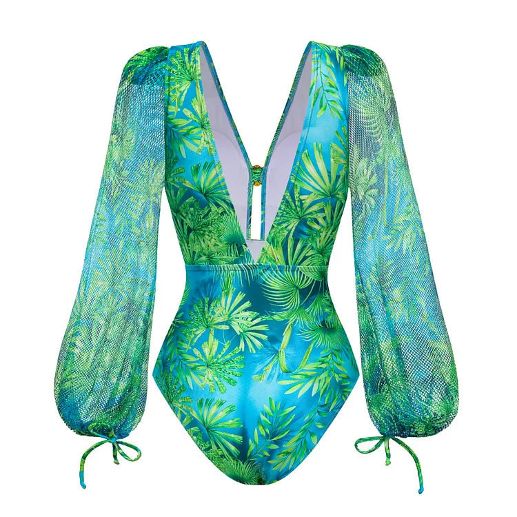 2025 Women Long-sleeved Jungle Green Print One Piece Swimsuit and Skirt Woman Swimwear Summer Bathing Suit