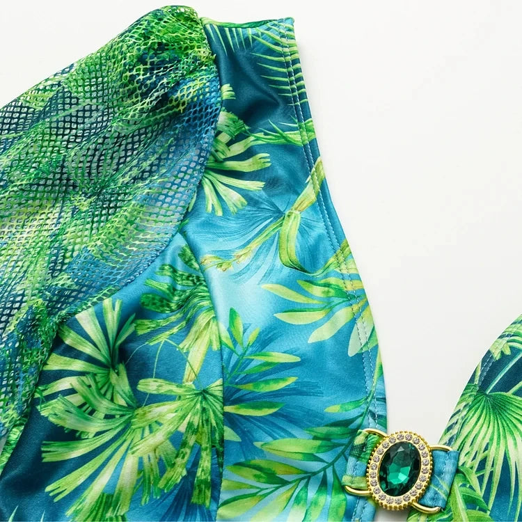 2025 Women Long-sleeved Jungle Green Print One Piece Swimsuit and Skirt Woman Swimwear Summer Bathing Suit
