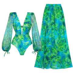 2025 Women Long-sleeved Jungle Green Print One Piece Swimsuit and Skirt Woman Swimwear Summer Bathing Suit