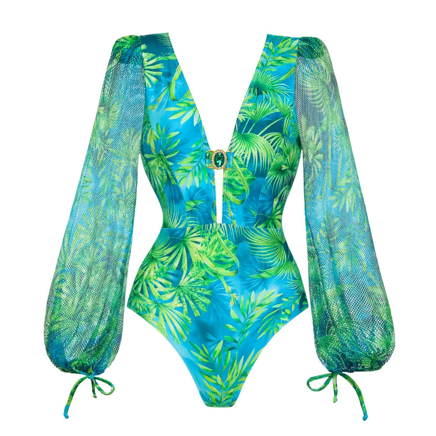 2025 Women Long-sleeved Jungle Green Print One Piece Swimsuit and Skirt Woman Swimwear Summer Bathing Suit