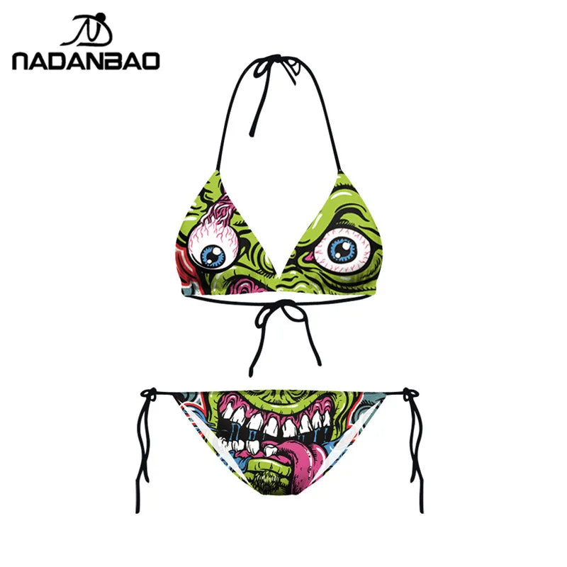 Bikini 2025 Plavky Mujer Sexy Set Swimsuit biquini Skull Printed Women Bra Swimwear Green Bathing Suit Bikinis  Y03002