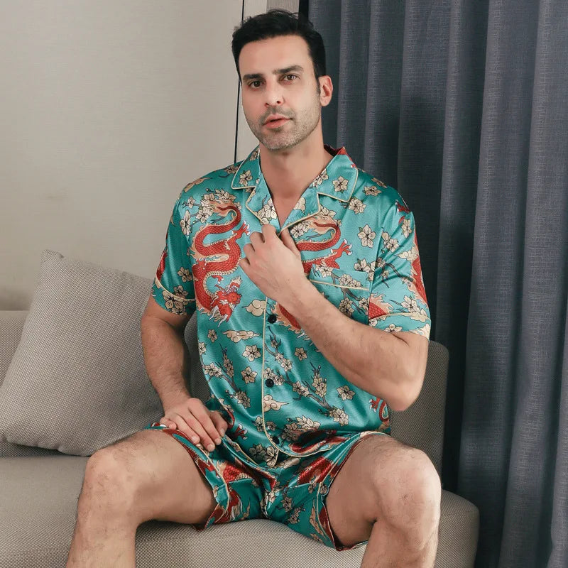 Mens Silk Satin Print Pajamas Set Short Sleeved Pocket Button Shirt Shorts Bottom For Summer Loungewear Sleepwear Home Wear Suit