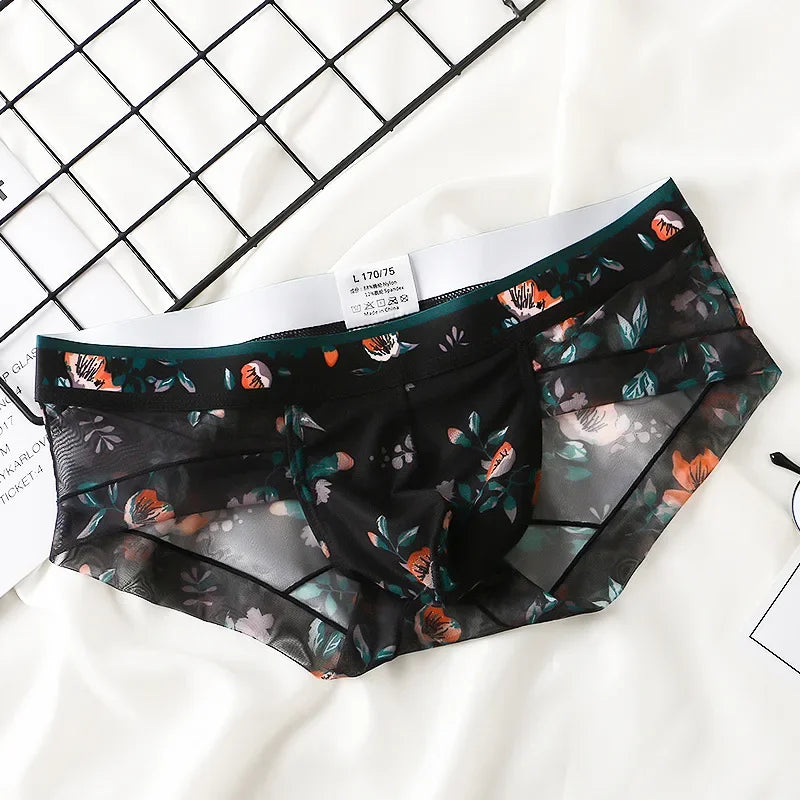 Mens FLORAL Mesh Briefs Summer Breathable Quick Dry Printed Underwear Male Sexy Ultra-thin with Bulge Pouch