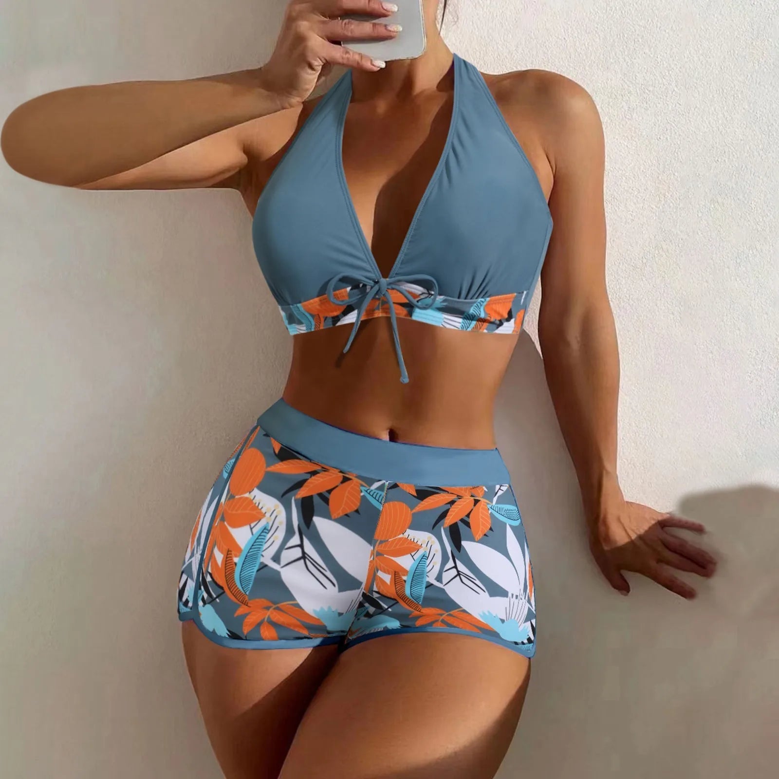 PLANT Bikini shorts Set  High Waist Swimsuit 2 Pieces Plant Print  Bathing Swim Suit Beachwear