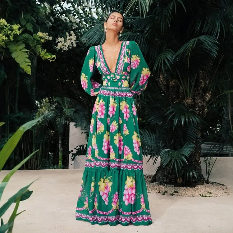 2025 Women Long-sleeved Jungle Green Print One Piece Swimsuit and Skirt Woman Swimwear Summer Bathing Suit