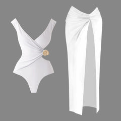 2Pieces White Swimsuit With Long Skirt Women Sexy Swimwear Female Cut Out Bikini Deep V Swimming Suit Shiny Bodysuit Beachwear