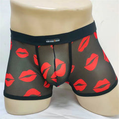 Men See through Boxer Briefs Shorts Underwear Mesh Bulge Pouch red lips