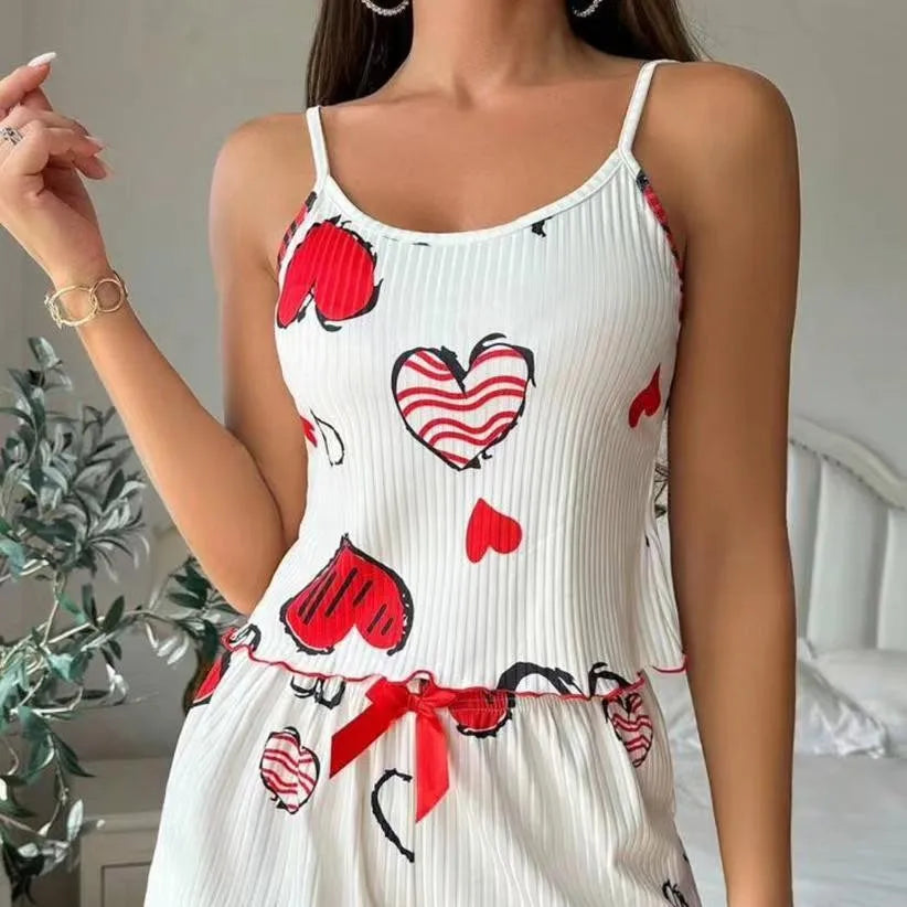 New Strawberry Print Sleepwear Set Women's Ribbed Pajamas with Hearts & Bow Soft Comfy Lounge Set with Shorts Cute Summer
