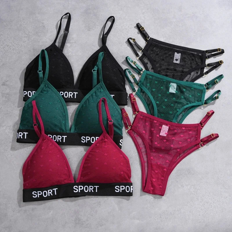 Women Bras Set Dot Push Up Bras Female Transparent Breathable Brazilian Panties Low Waist Bikini Ladies Soft Underwear Set
