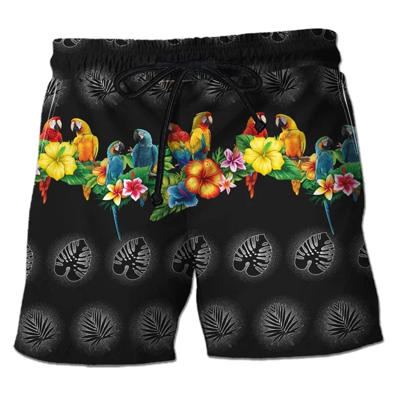 Parrot Toucan Men Tropical Plants Pattern Hawaiian Beach Shorts Surf Board Shorts Quick Dry Swim Trunks