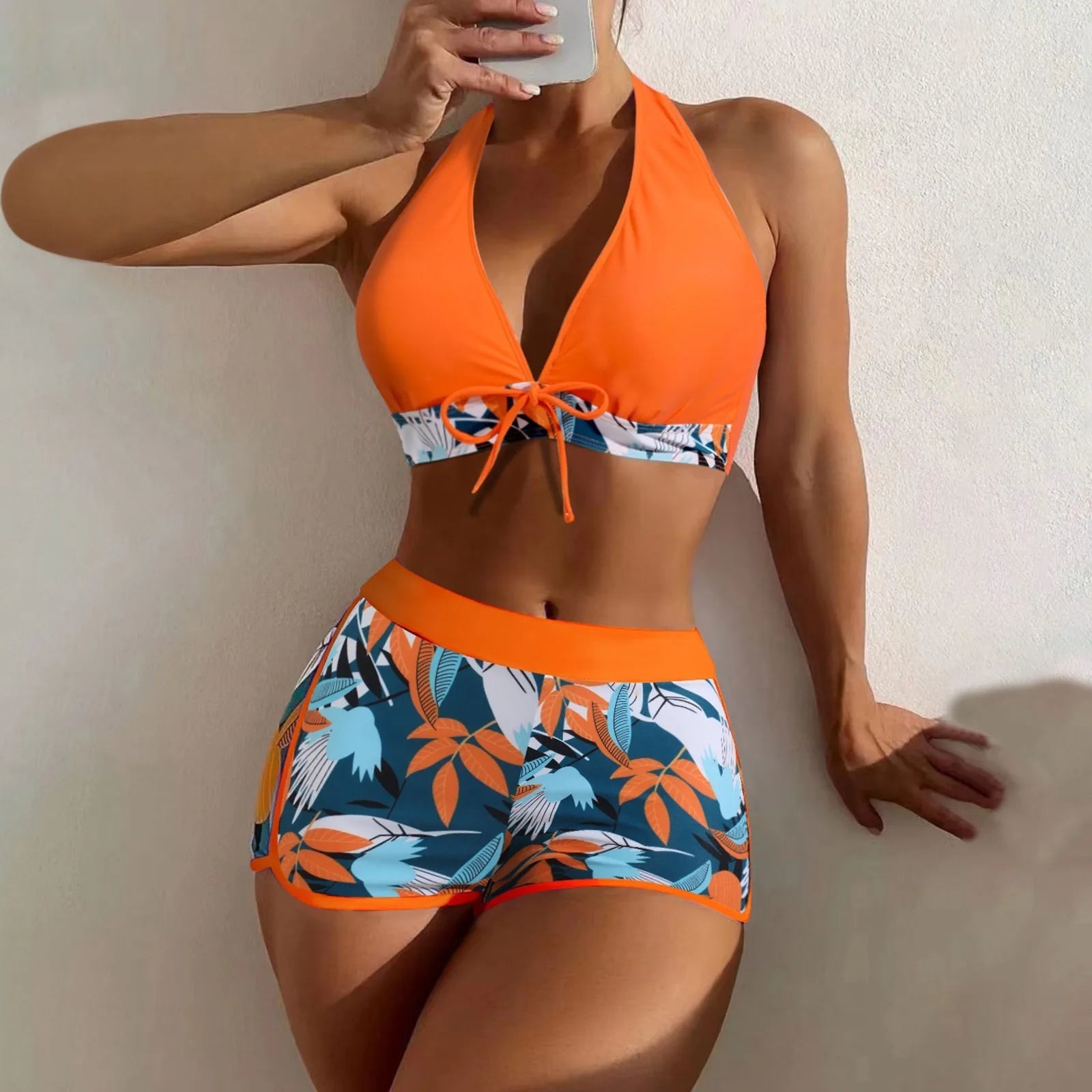 PLANT Bikini shorts Set  High Waist Swimsuit 2 Pieces Plant Print  Bathing Swim Suit Beachwear