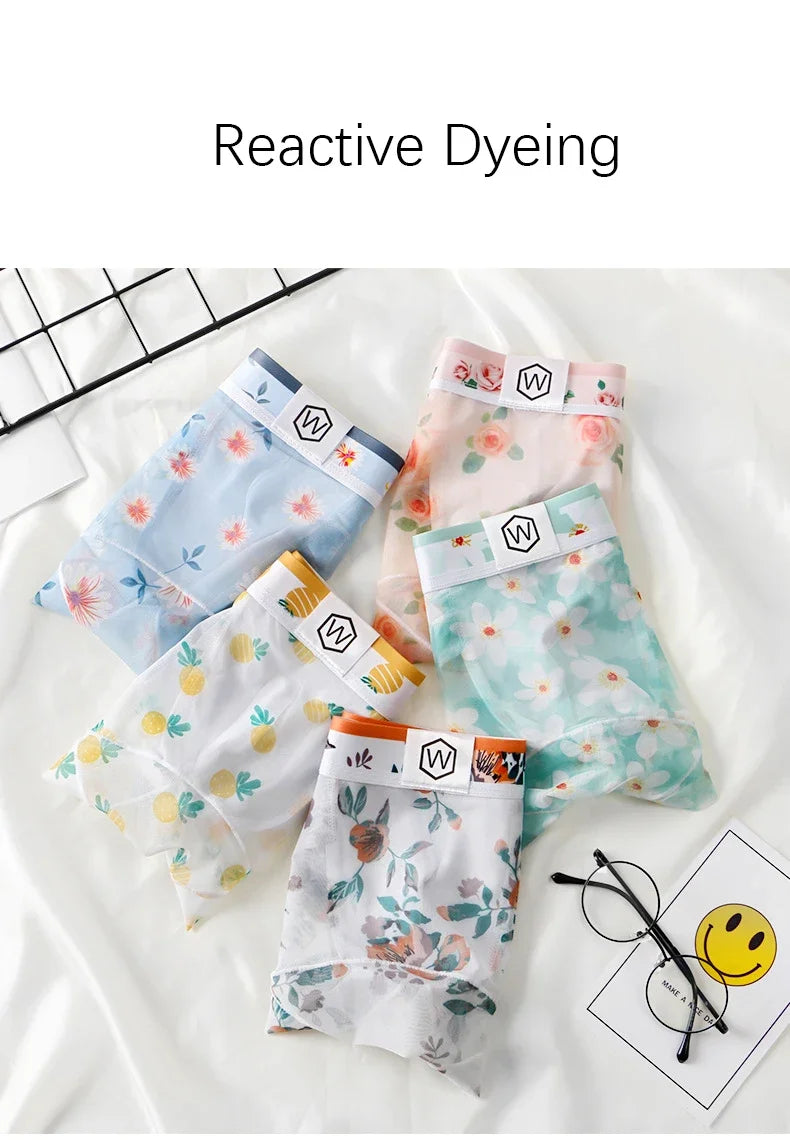 Mens FLORAL Mesh Briefs Summer Breathable Quick Dry Printed Underwear Male Sexy Ultra-thin with Bulge Pouch