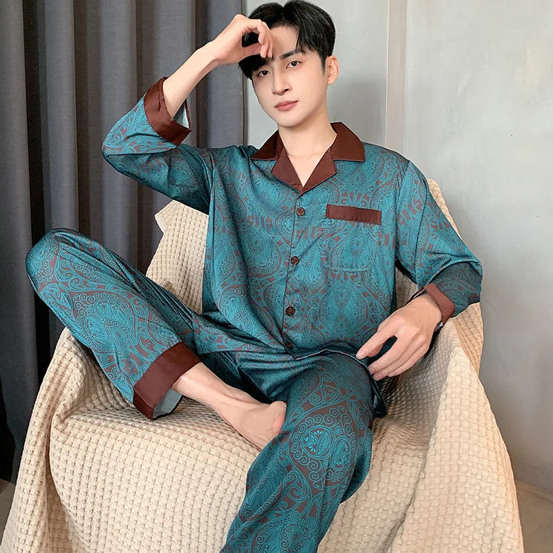 Large Size 3XL Men Pajama 2Pcs Set Summer New Short Sleeve Shorts Pajamas Suit Loose Ice Silk Satin Sleepwear Male Home Clothes