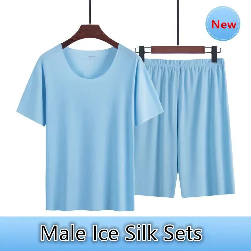 Men's Summer Thin Pajamas Suit Home Wear Seamless Short Sleeve Shorts Sleepwear Sets Non-trace Ice Silk Lounge Nightwear for Men