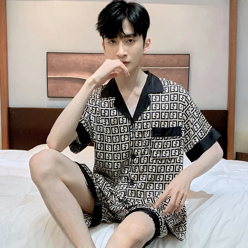 Pajamas Men Spring Summer Thin Ice Silk Luxurious Loose Fitting Home Wear Suit Male Satin Pyjamas Set Night Sleep-Suit Gentlemen