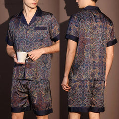 Large Size 3XL Men Pajama 2Pcs Set Summer New Short Sleeve Shorts Pajamas Suit Loose Ice Silk Satin Sleepwear Male Home Clothes