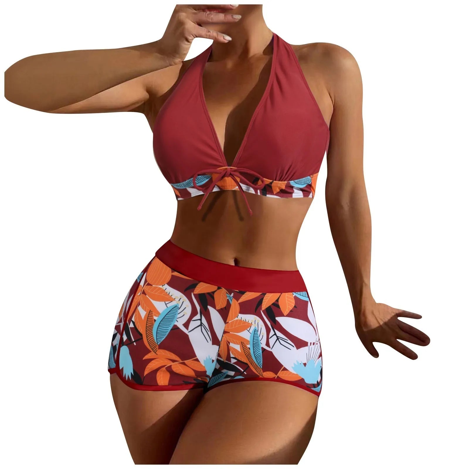 PLANT Bikini shorts Set  High Waist Swimsuit 2 Pieces Plant Print  Bathing Swim Suit Beachwear