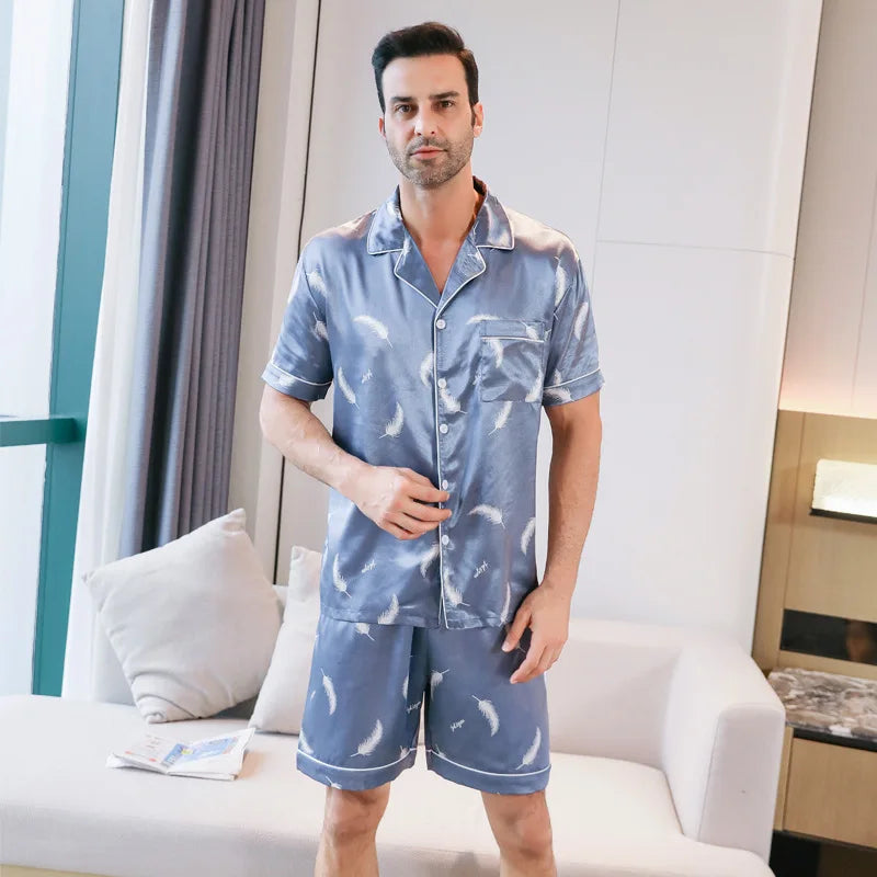 Mens Silk Satin Print Pajamas Set Short Sleeved Pocket Button Shirt Shorts Bottom For Summer Loungewear Sleepwear Home Wear Suit