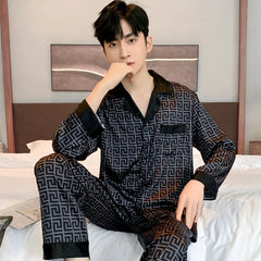 Pajamas Men Spring Summer Thin Ice Silk Luxurious Loose Fitting Home Wear Suit Male Satin Pijamas Set Night Sleep-Suit Gentlemen