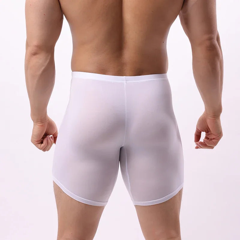 EUR Size Men Long Leg Boxer Shorts Mid Waist With Pouch Thin Silk Male and Breathable