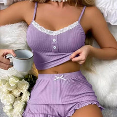 Summer Women's Pajamas Set Lace Button Patchwork Top Ruffles Shorts Sleepwear 2 Piece Set For Women Sexy Cami Slim Pyjamas Suit