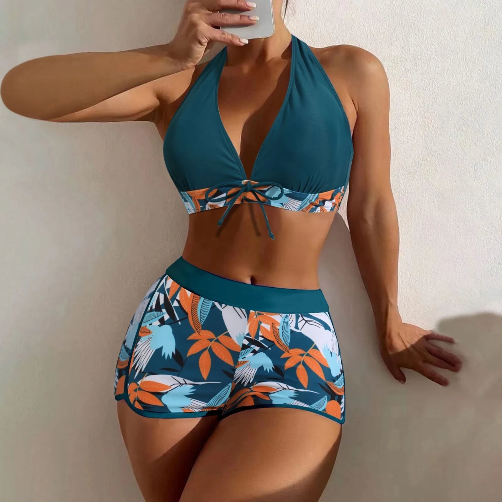 PLANT Bikini shorts Set  High Waist Swimsuit 2 Pieces Plant Print  Bathing Swim Suit Beachwear