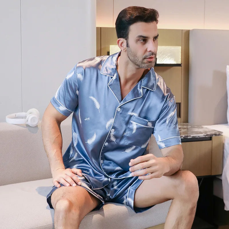 Mens Silk Satin Print Pajamas Set Short Sleeved Pocket Button Shirt Shorts Bottom For Summer Loungewear Sleepwear Home Wear Suit