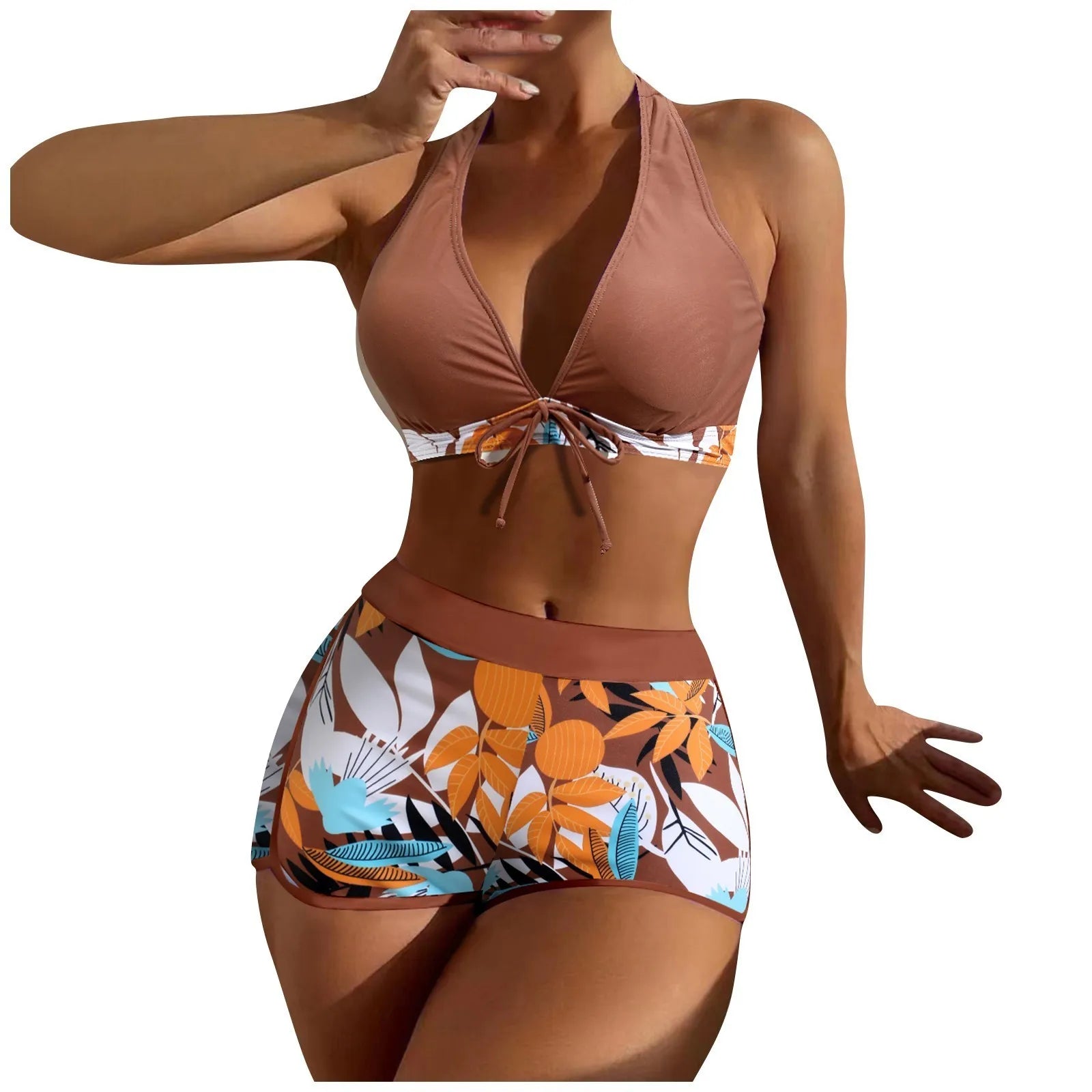 PLANT Bikini shorts Set  High Waist Swimsuit 2 Pieces Plant Print  Bathing Swim Suit Beachwear