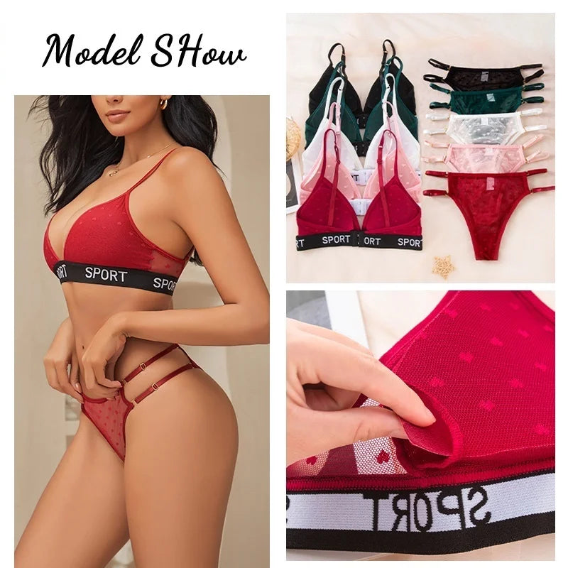 Women Bras Set Dot Push Up Bras Female Transparent Breathable Brazilian Panties Low Waist Bikini Ladies Soft Underwear Set