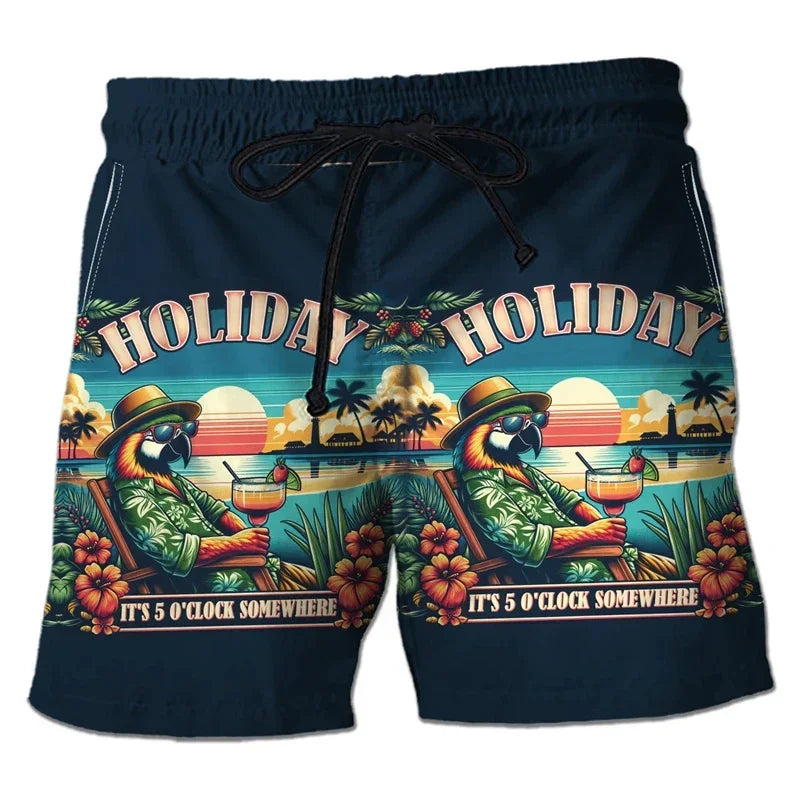 Parrot Toucan Men Tropical Plants Pattern Hawaiian Beach Shorts Surf Board Shorts Quick Dry Swim Trunks