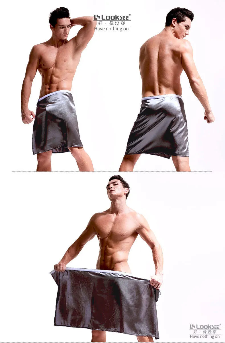Summer thin glossy skort skirt Sexy towel men's bathrobe One size bottoms