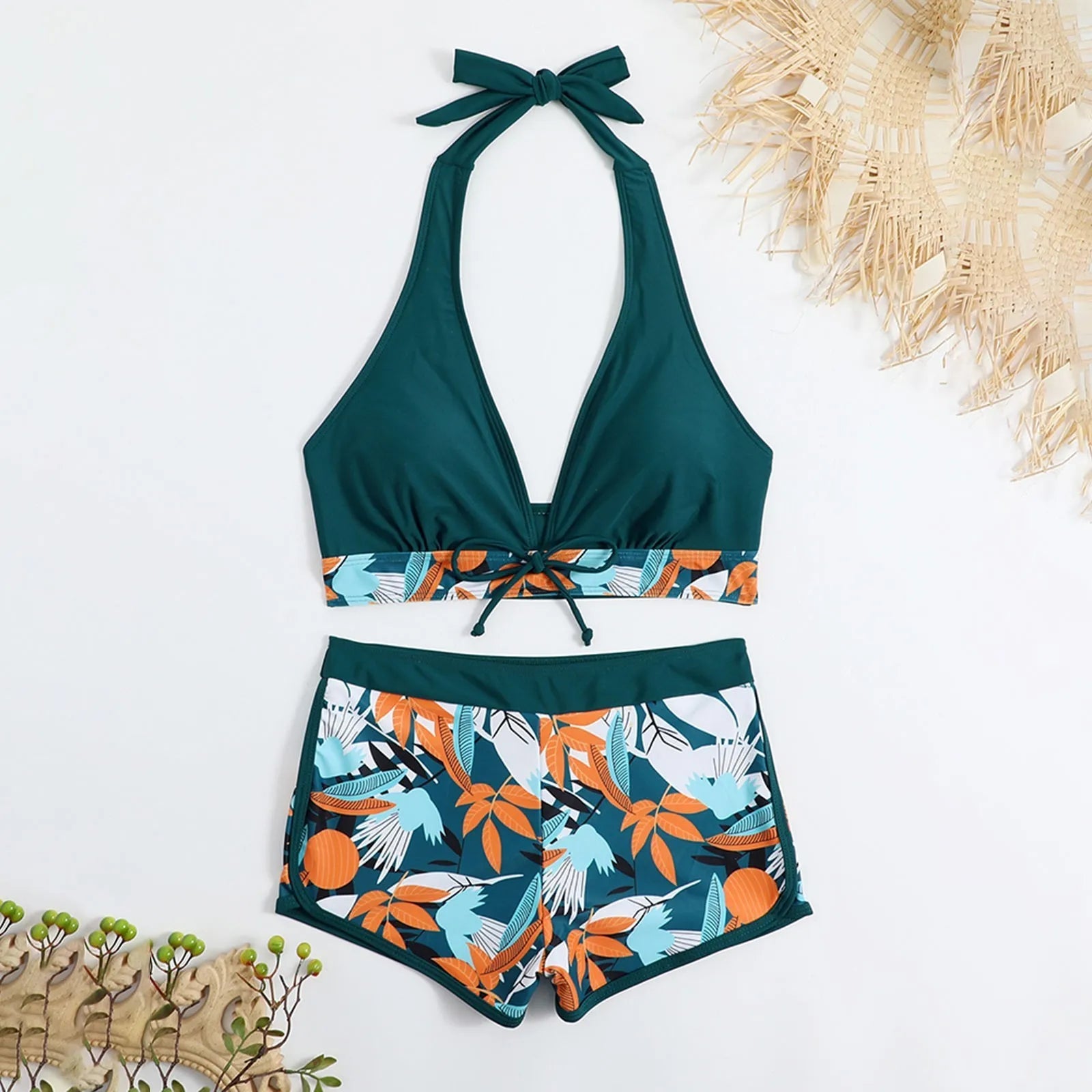 PLANT Bikini shorts Set  High Waist Swimsuit 2 Pieces Plant Print  Bathing Swim Suit Beachwear