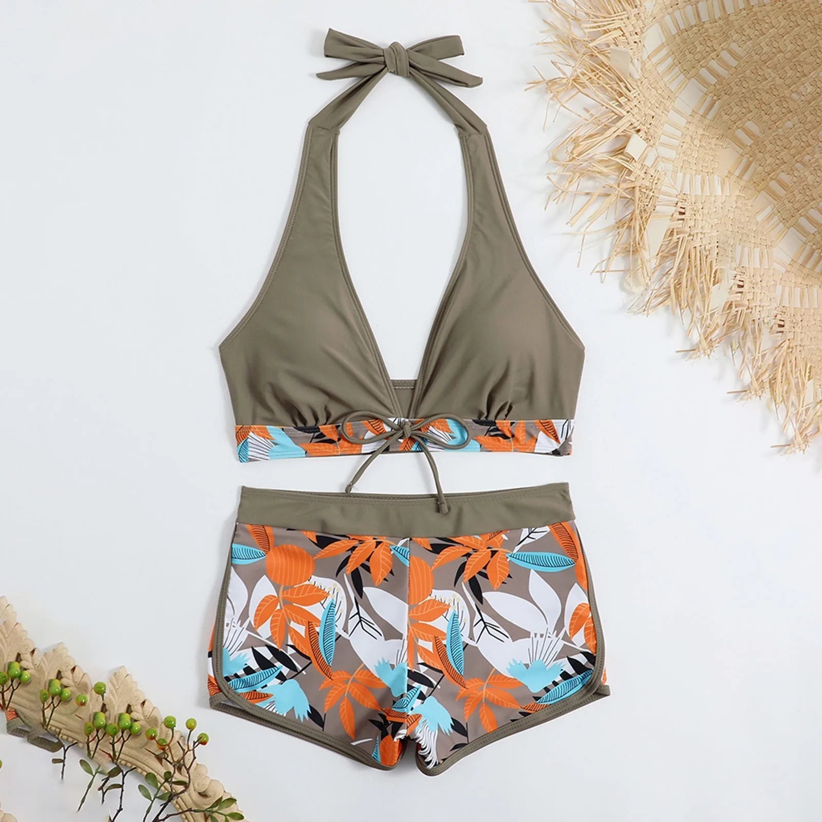 PLANT Bikini shorts Set  High Waist Swimsuit 2 Pieces Plant Print  Bathing Swim Suit Beachwear