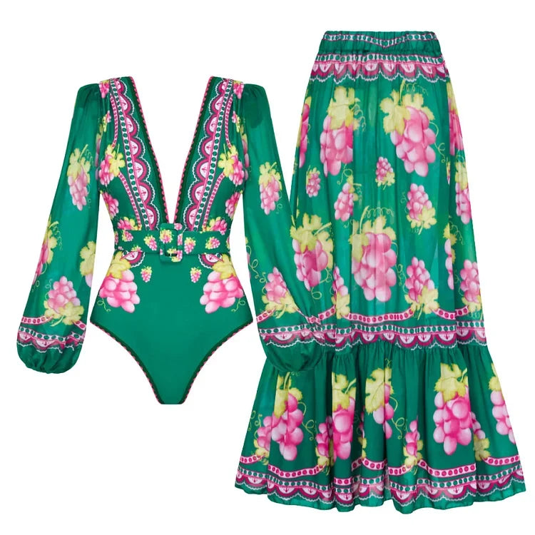 2025 Women Long-sleeved Jungle Green Print One Piece Swimsuit and Skirt Woman Swimwear Summer Bathing Suit