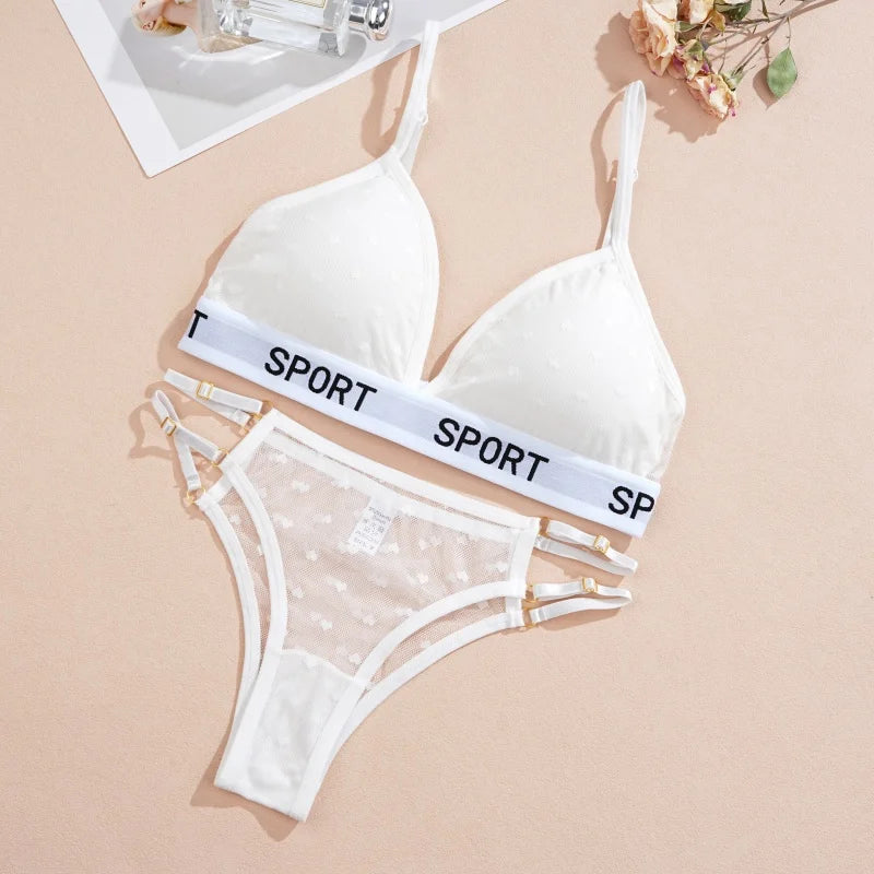Women Bras Set Dot Push Up Bras Female Transparent Breathable Brazilian Panties Low Waist Bikini Ladies Soft Underwear Set