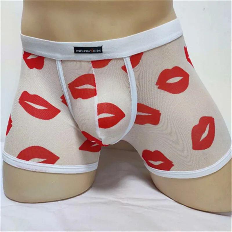 Men See through Boxer Briefs Shorts Underwear Mesh Bulge Pouch red lips