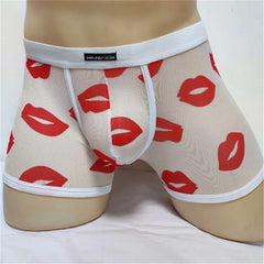 Men See through Boxer Briefs Shorts Underwear Mesh Bulge Pouch red lips
