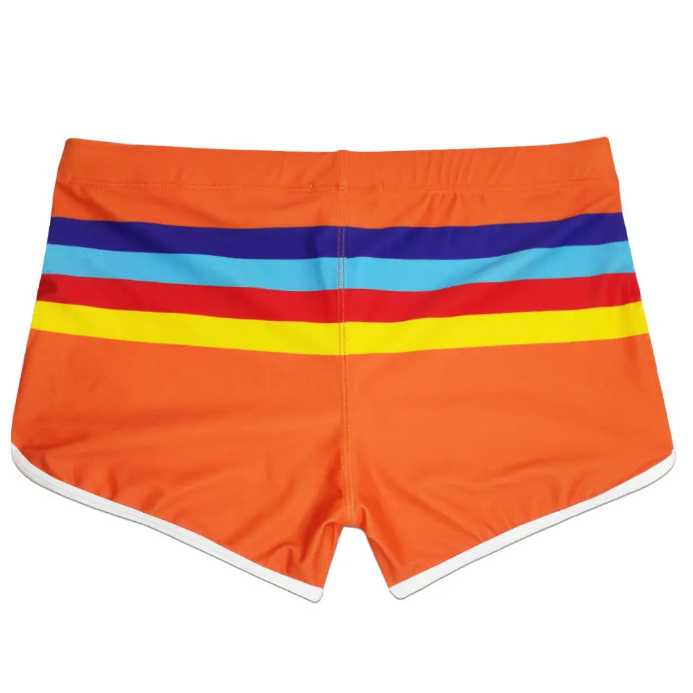 Mens Swim Boxer Striped Swimsuit Pouch Enhance