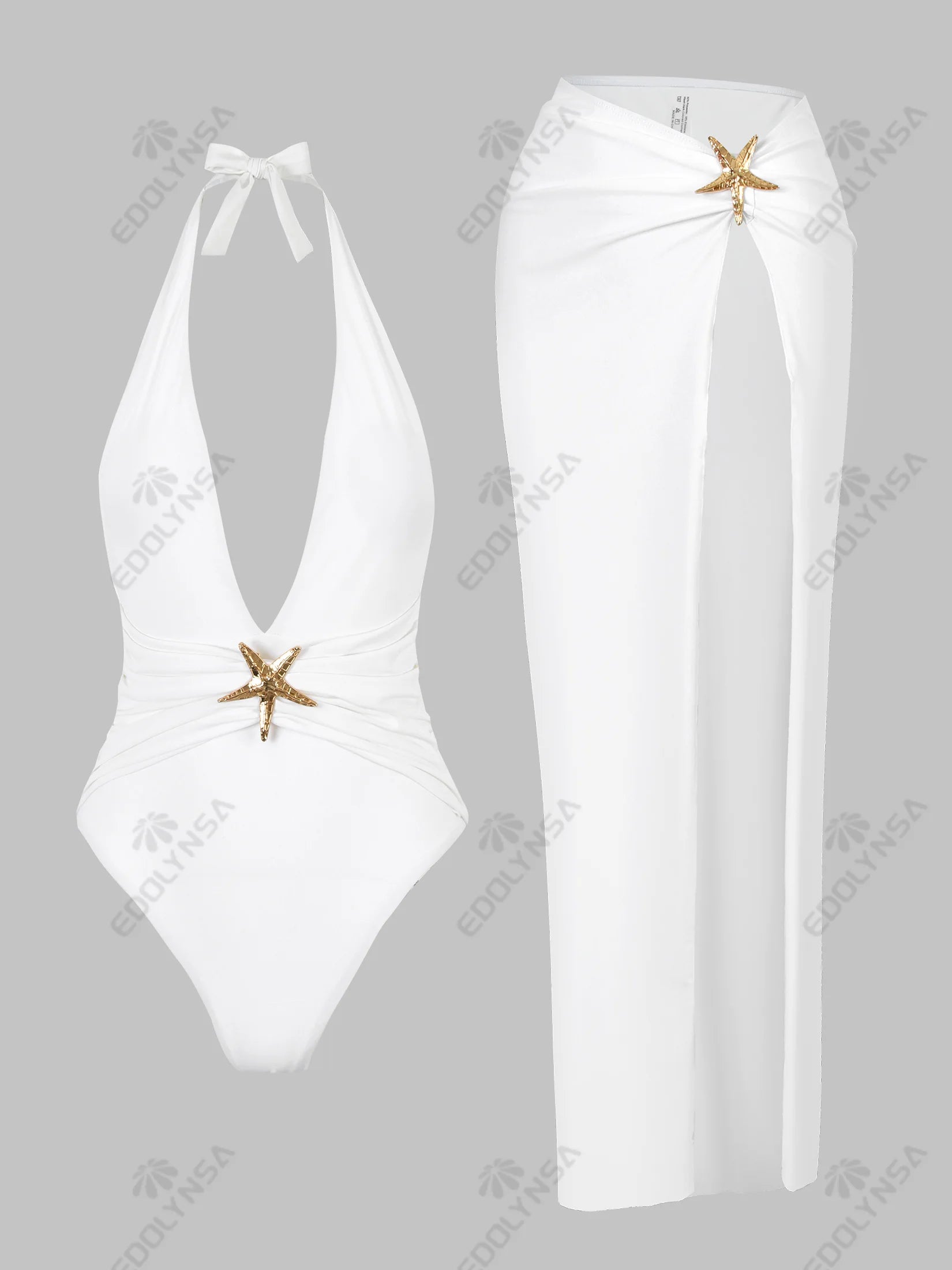 2 Piece Starfish One Piece Bathing Suits with High Split Skirt Cover ups Sexy Halter Bikini Sets K59