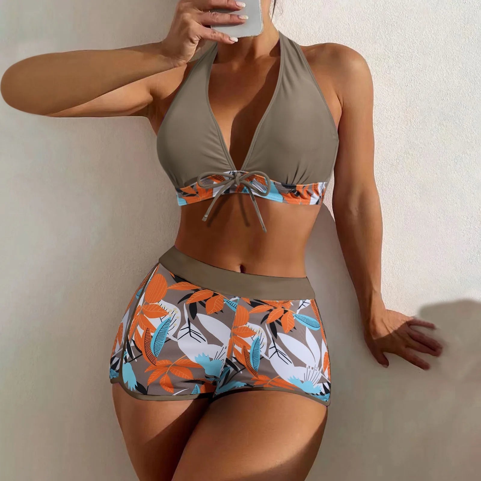 PLANT Bikini shorts Set  High Waist Swimsuit 2 Pieces Plant Print  Bathing Swim Suit Beachwear