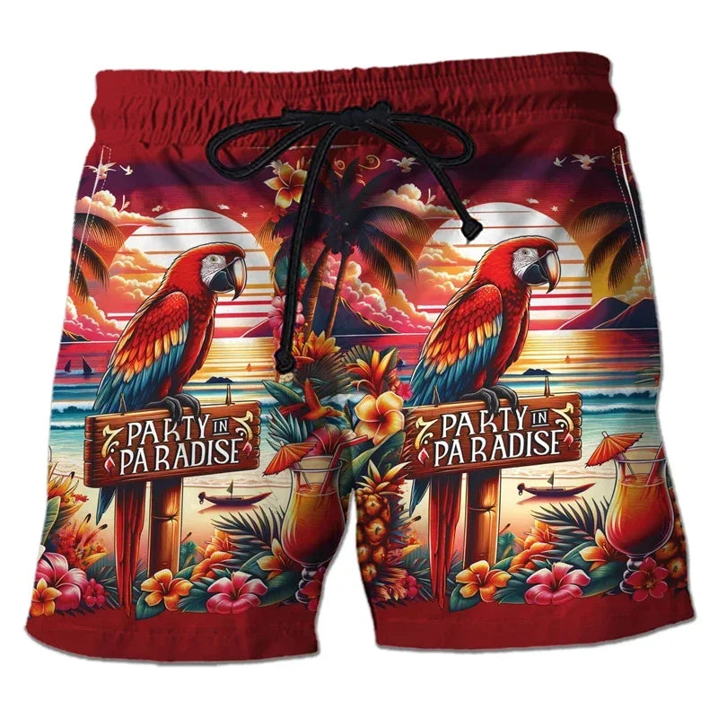 Parrot Toucan Men Tropical Plants Pattern Hawaiian Beach Shorts Surf Board Shorts Quick Dry Swim Trunks