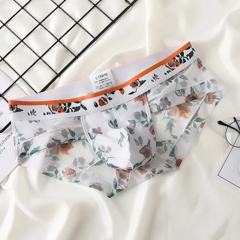 Mens FLORAL Mesh Briefs Summer Breathable Quick Dry Printed Underwear Male Sexy Ultra-thin with Bulge Pouch