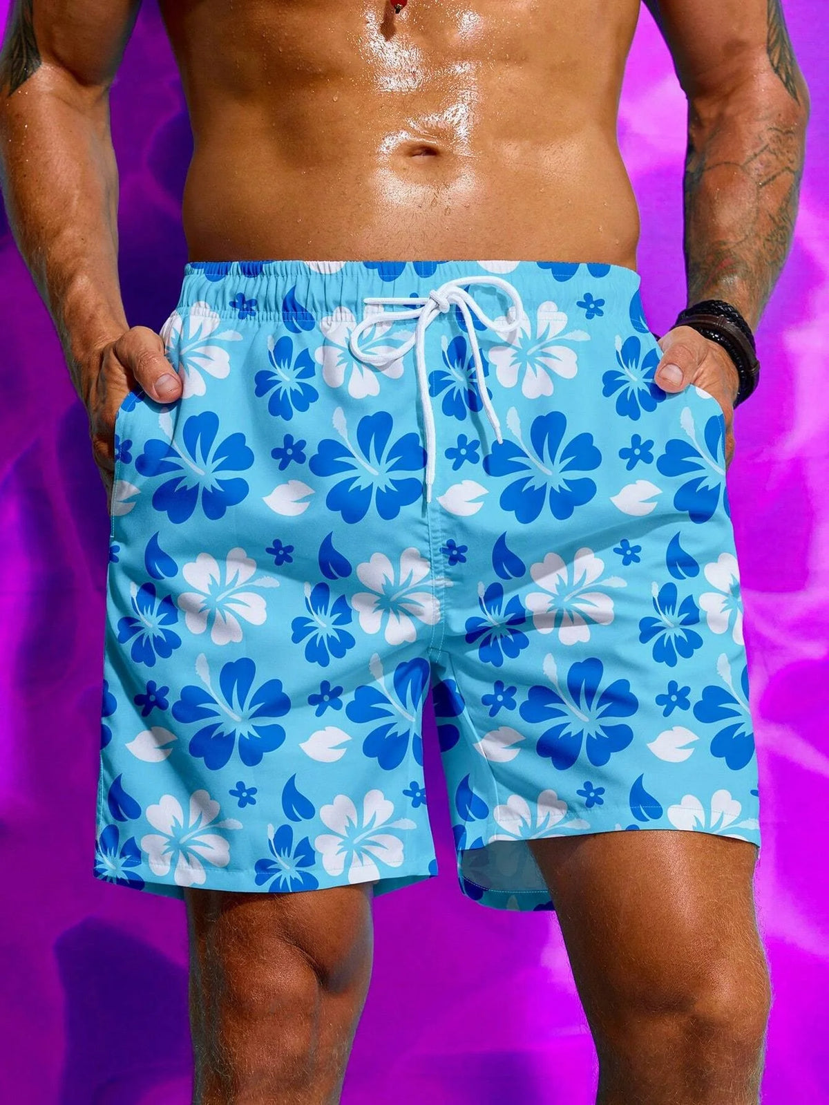Floral Print Drawstring Men's Beach Short Men's swim Trunks Elastic Waist 3D Print Gradient Breathable Short Streetwear Polyster