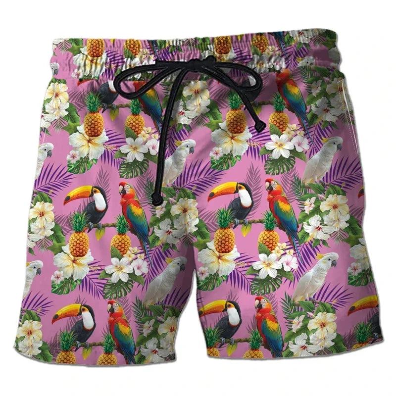 Parrot Toucan Men Tropical Plants Pattern Hawaiian Beach Shorts Surf Board Shorts Quick Dry Swim Trunks