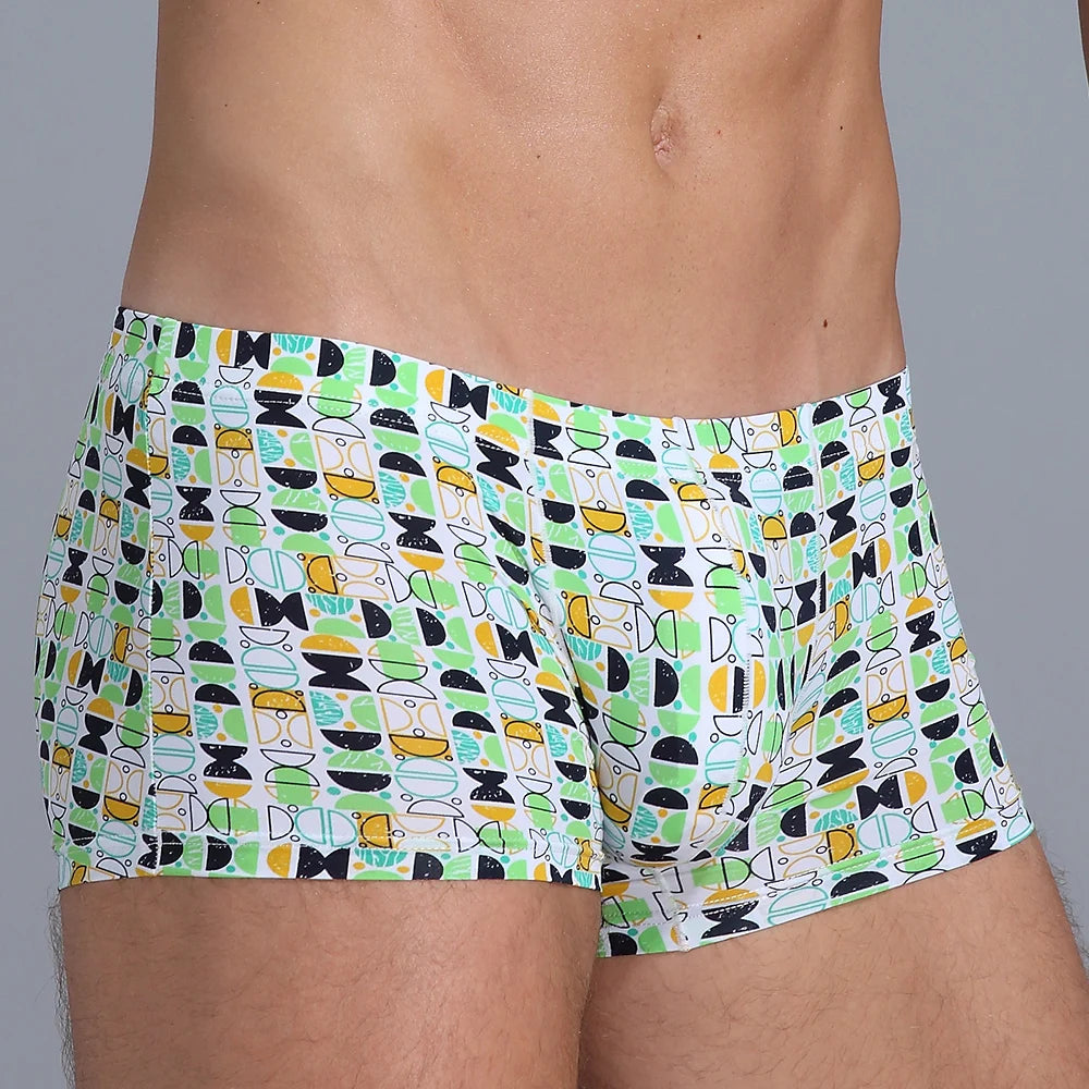New Men Ice Silk Underwear Low waist Boxers shorts Pants Separate Open Warehouse Thin Printing Boxers