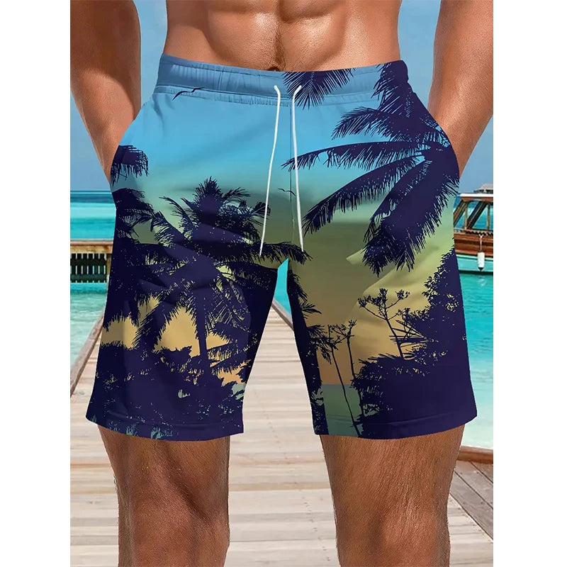 Hawaiian Coconut Tree Patterns Board Short Beach Shorts Men Swim Trunks